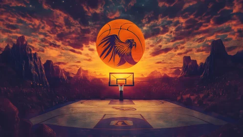 Solar phoenix court rises over desert dusk basketball dream.