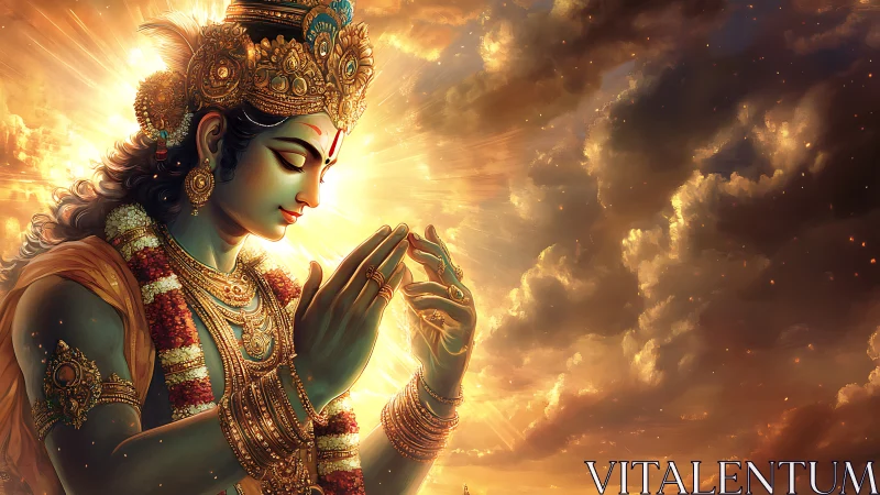 Divine blue-skinned deity rendered with radiant volumetric lighting