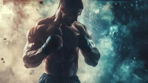 Muscular boxer mid-combat stance with hand wraps and volumetric atmospheric effects