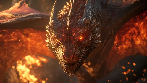 Volcanic-scale dragon render with emissive ocular detailing.