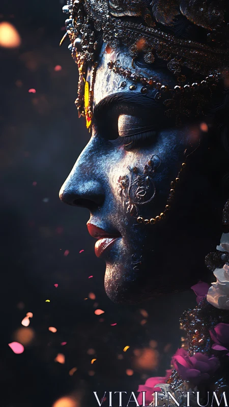 Midnight deity in petals and embers, dreaming in gold.