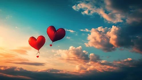 Red heart-shaped balloons floating against sunset sky with clouds