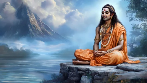 Serene sage in orange robes meditating by misty mountain lake.