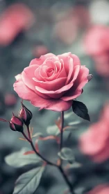 Pink Rose in Soft Focus Garden Setting with Botanical Detail.