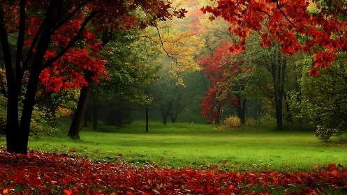 Autumn woodland clearing captures saturated foliage under soft haze