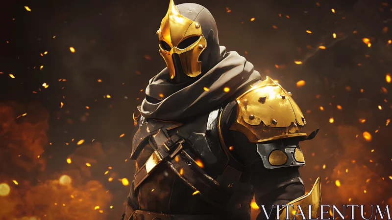 Armored warrior stands in ember-filled atmospheric scene