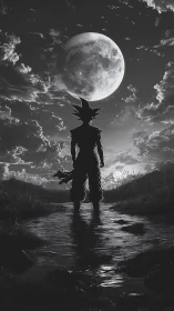 Warrior silhouette confronts massive moon over dark marsh.