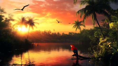 Scarlet macaw surveys a glowing tropical river sunset scene.