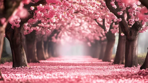 Symmetrical cherry blossom tunnel under soft axial depth of field