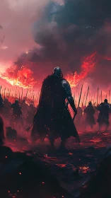 Armored warlord commands legion before burning horizon.