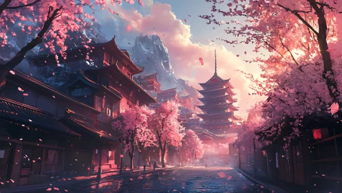 Cherry trees frame traditional pagoda and rooftops in spring