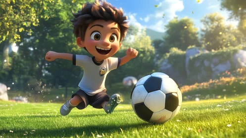 Stylized child running toward soccer ball on grass field.