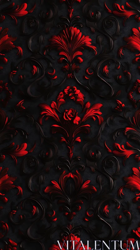 Red and black baroque floral relief pattern repeats vertically