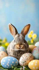 Bright-eyed spring rabbit crowned by storybook eggs.