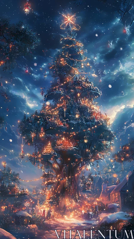 Snow-covered illuminated tree dominating winter village scene.