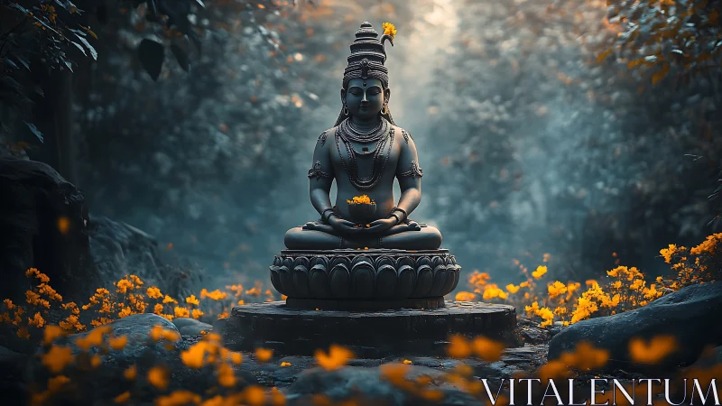 Meditative stone deity amid bioluminescent woodland bloom.