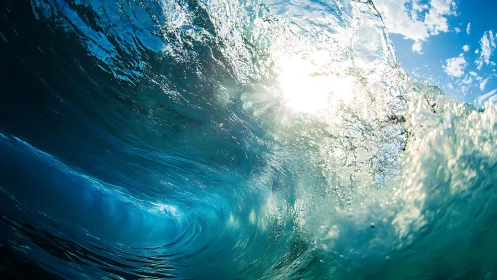 Breaking ocean wave curls toward camera under bright sunlight