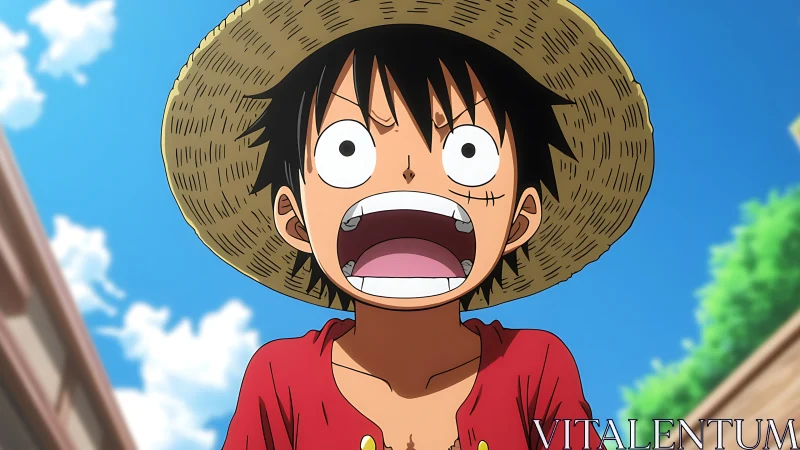 Straw hat boy shouting upward in bright cel-shaded daylight.