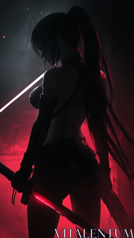Silhouetted cyber kunoichi wielding glowing crimson katana.