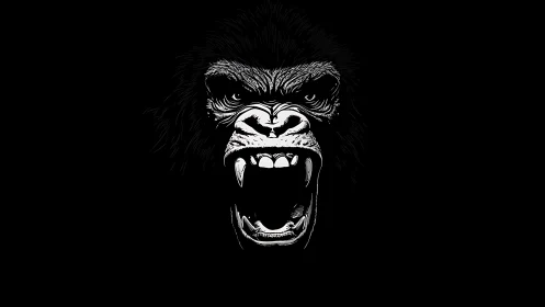 Monochrome roaring gorilla portrait in stark negative space.