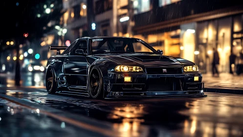 Midnight Nissan Skyline R34 waits under neon city rain.