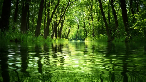 Tranquil forest with lush green trees reflected on calm water surface.