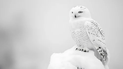 Snowy owl perched on snow in minimalistic winter landscape.