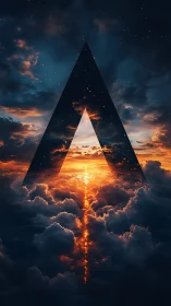 Glimmering sky portal rises through clouds into a starry night