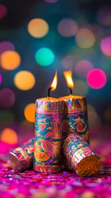 Vibrant patterned candles burn against defocused bokeh lights