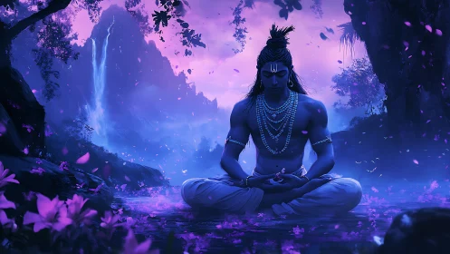 Meditating blue-skinned figure sits in luminous forest pool