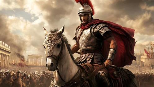 Roman cavalry commander leading charge through burning city.