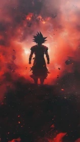 Silhouetted warrior stands before burning cosmic storm