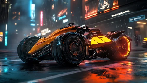 Futuristic three-wheeled vehicle is parked on wet city street