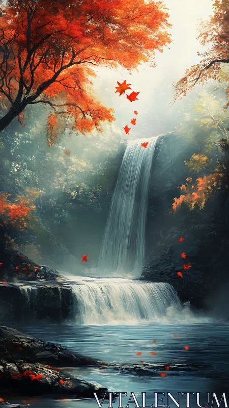 Autumn waterfall in forested ravine with red foliage above.