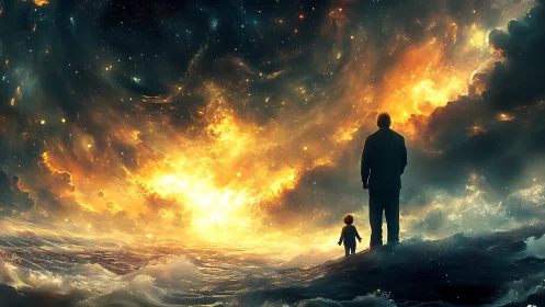 Man and child watching blazing cosmic storm over ocean.
