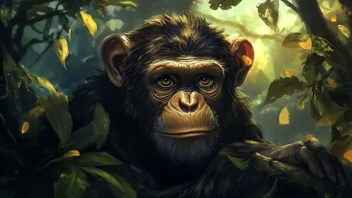 Gentle-eyed jungle chimp resting in glowing green light.