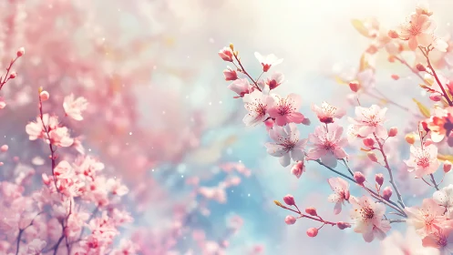 Pink Cherry Blossoms in Soft Bokeh Light. Spring.