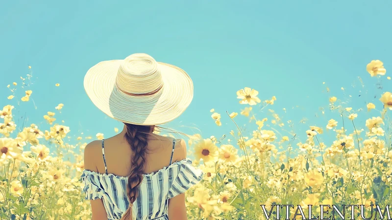Woman in Sun Hat in Wildflower Field, Soft Pastel Summer Scene.