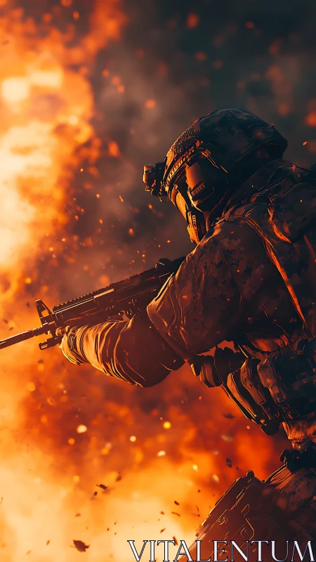 Soldier silhouetted in blazing orange battlefield glow.