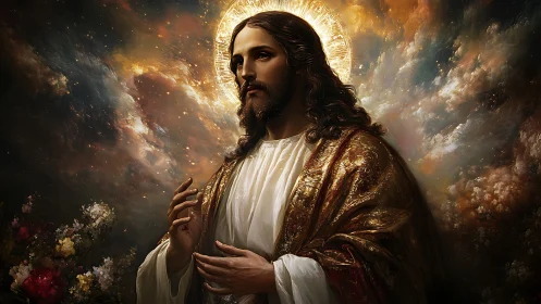 Luminous haloed figure in gilded robe amid turbulent nebulae.