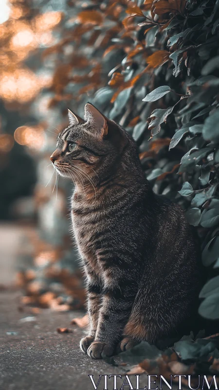 Curious Tabby Cat Contemplating Autumn Garden With Focused Gaze