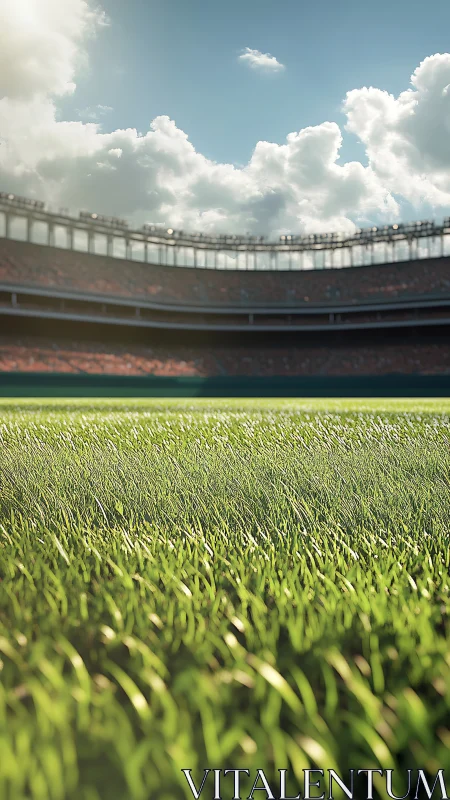 Sunlit stadium grass field stretches toward empty stands