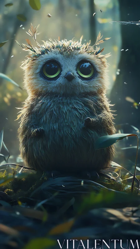 Digital painting of wide-eyed forest owl in soft bokeh light.