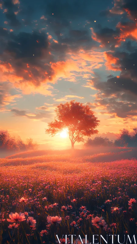 Radiant sunset tree over luminous wildflower meadow field.