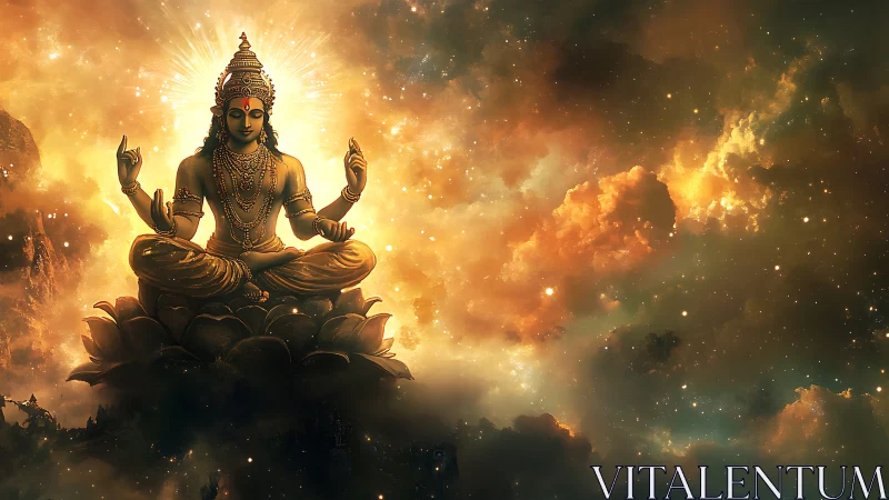 Divine cosmic deity meditates within radiant nebula light