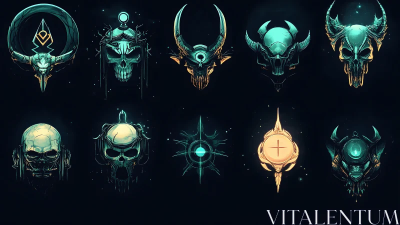 Futuristic neon skull emblems with horns and symbols on black