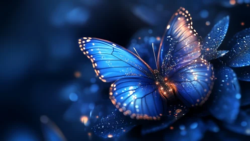 Luminous blue butterfly rests on glowing petals at night