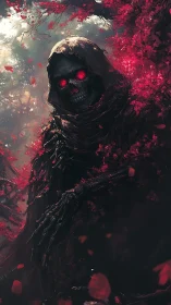 Crimson reaper waiting in a bloodblossom haunted forest.
