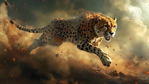 Spotted Fury: Cheetah's Desert Sprint Through Golden Tempest.