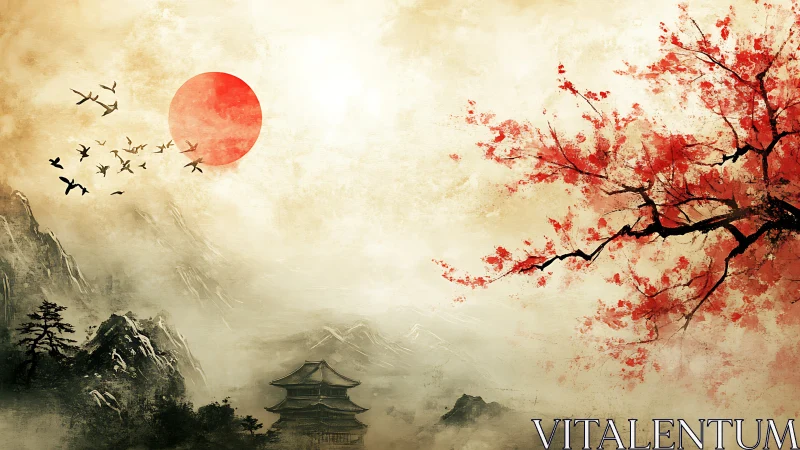 Red sun, distant pagoda and tree branch form a misty landscape
